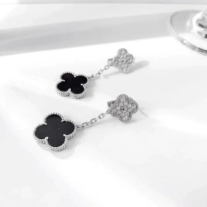 [Clara Jewels]CLOVER 2 MOTIFS  DIAMOND ONYX EARRINGS SILVER