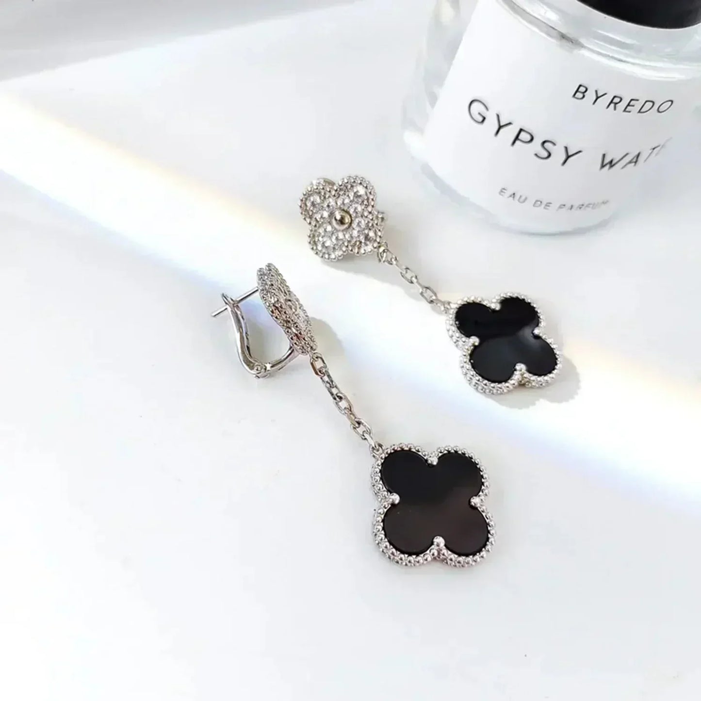 [Clara Jewels]CLOVER 2 MOTIFS  DIAMOND ONYX EARRINGS SILVER