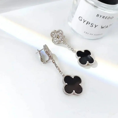 [Clara Jewels]CLOVER 2 MOTIFS  DIAMOND ONYX EARRINGS SILVER