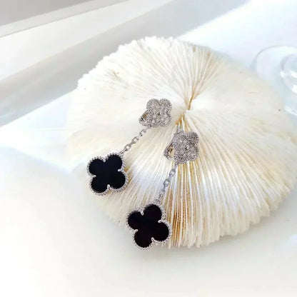[Clara Jewels]CLOVER 2 MOTIFS  DIAMOND ONYX EARRINGS SILVER