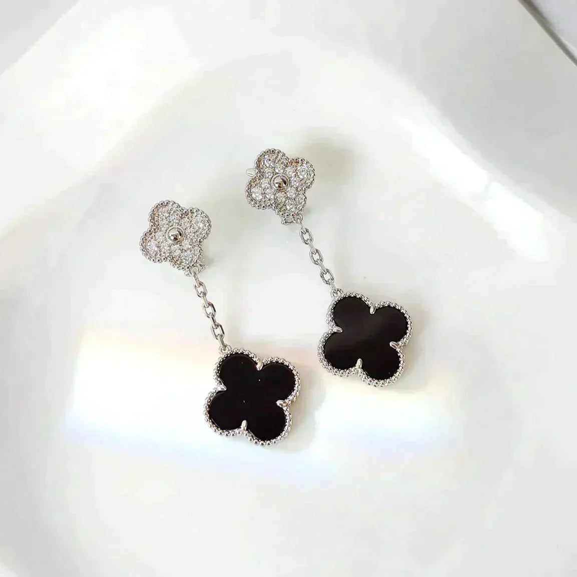 [Clara Jewels]CLOVER 2 MOTIFS  DIAMOND ONYX EARRINGS SILVER