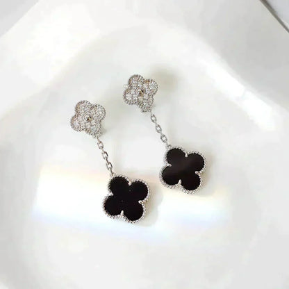 [Clara Jewels]CLOVER 2 MOTIFS  DIAMOND ONYX EARRINGS SILVER