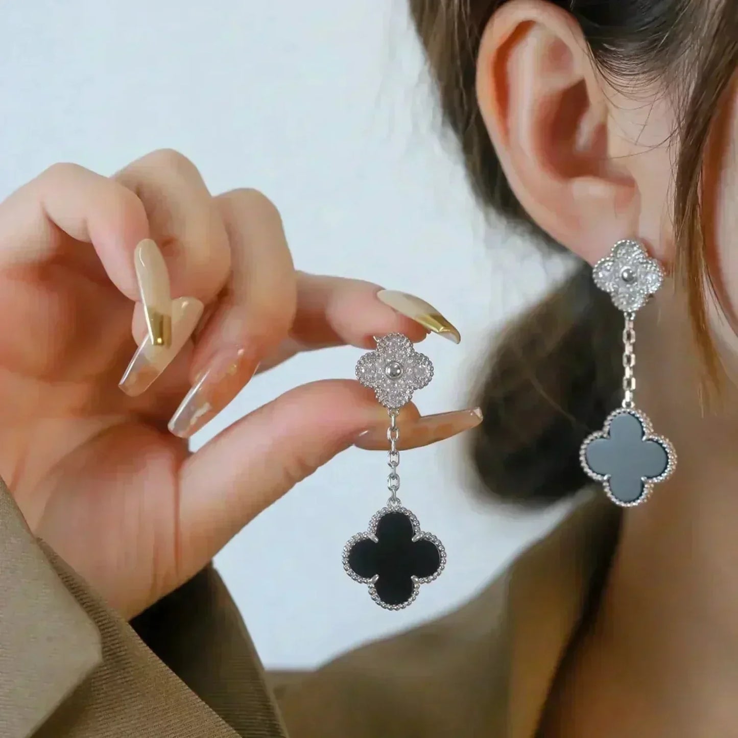 [Clara Jewels]CLOVER 2 MOTIFS  DIAMOND ONYX EARRINGS SILVER