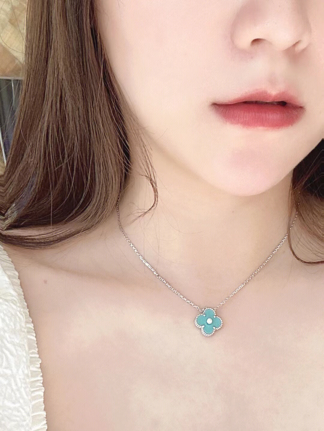 [Clara Jewels]CLOVER 1 DIAMOND LIGHT BLUE SILVER NECKLACE