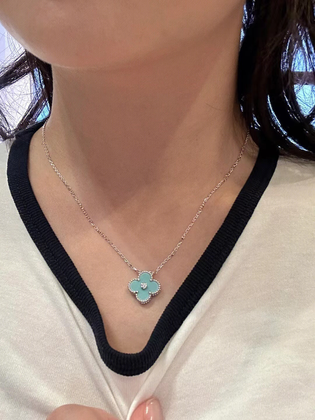 [Clara Jewels]CLOVER 1 DIAMOND LIGHT BLUE SILVER NECKLACE