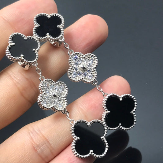 [Clara Jewels]CLOVER 3 MOTIF DIAMOND ONYX SILVER EARRINGS