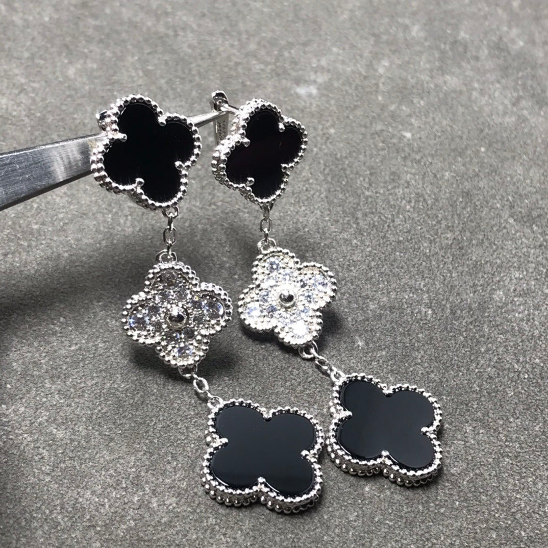 [Clara Jewels]CLOVER 3 MOTIF DIAMOND ONYX SILVER EARRINGS