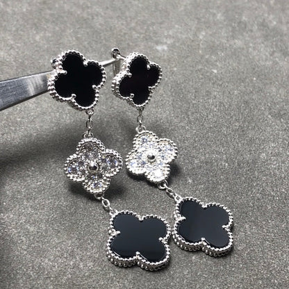 [Clara Jewels]CLOVER 3 MOTIF DIAMOND ONYX SILVER EARRINGS