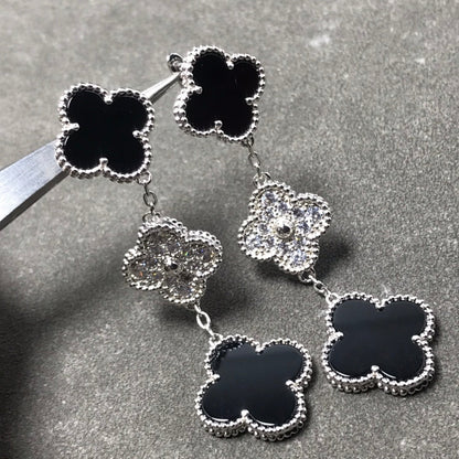 [Clara Jewels]CLOVER 3 MOTIF DIAMOND ONYX SILVER EARRINGS