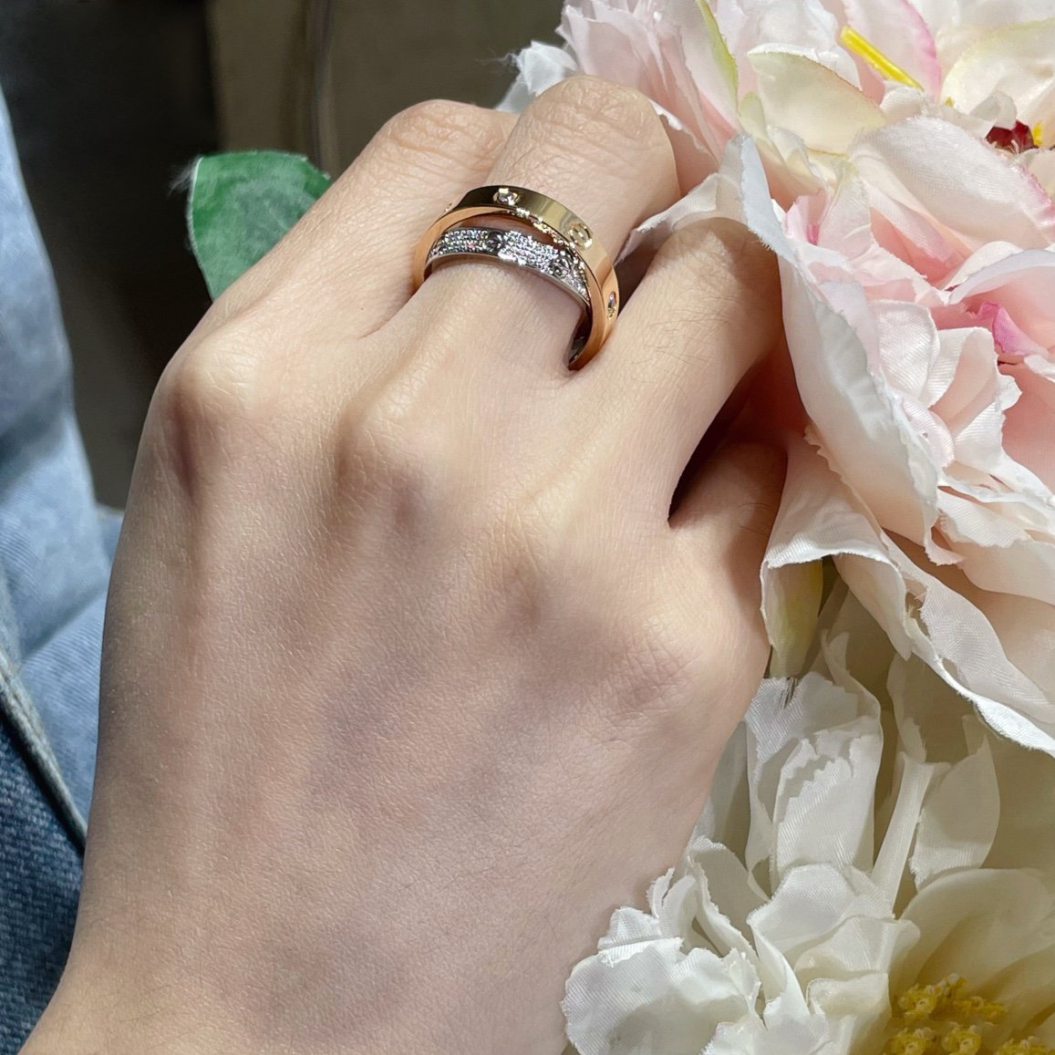 [Clara Jewels]LOVE PINK GOLD SILVER DIAMOND DOUBLE RING