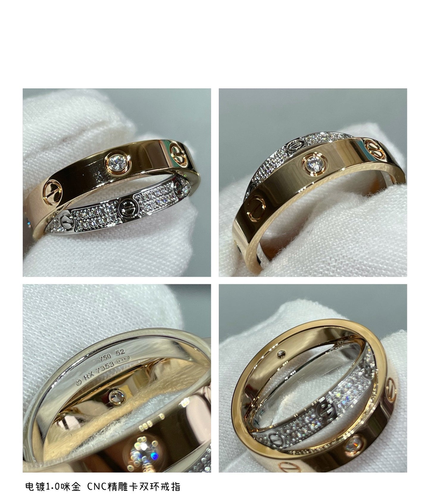 [Clara Jewels]LOVE PINK GOLD SILVER DIAMOND DOUBLE RING