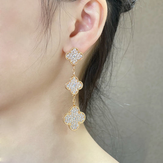 [Clara Jewels]CLOVER 3 MOTIFS DIAMOND PAVED ROSE GOLD EARRINGS