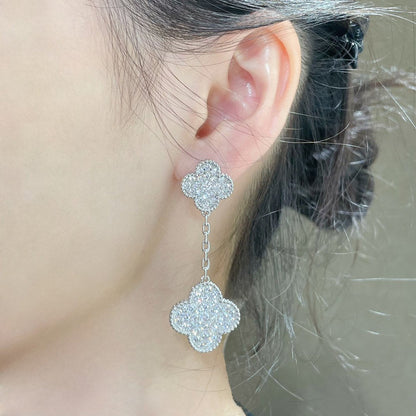 [Clara Jewels]CLOVER 2 MOTIFS DIAMOND PAVED SILVER EARRINGS
