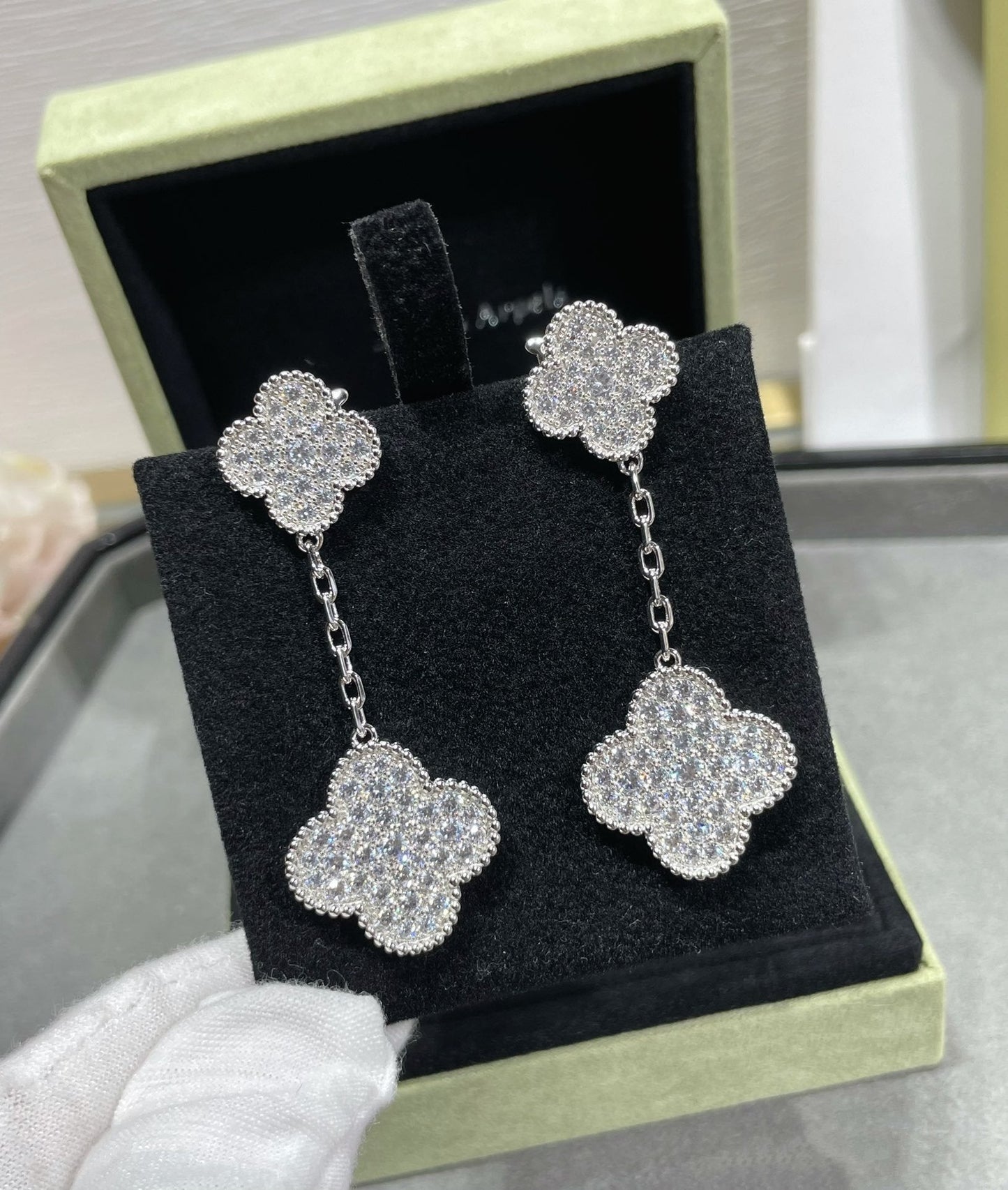 [Clara Jewels]CLOVER 2 MOTIFS DIAMOND PAVED SILVER EARRINGS