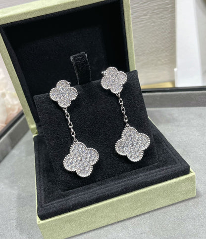 [Clara Jewels]CLOVER 2 MOTIFS DIAMOND PAVED SILVER EARRINGS
