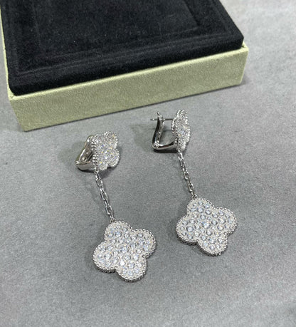 [Clara Jewels]CLOVER 2 MOTIFS DIAMOND PAVED SILVER EARRINGS