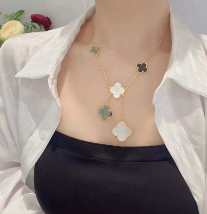 [Clara Jewels]CLOVER 6 MOTIF MOP ONYX GOLD NECKLACE
