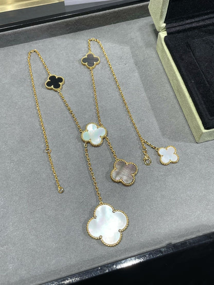[Clara Jewels]CLOVER 6 MOTIF MOP ONYX GOLD NECKLACE