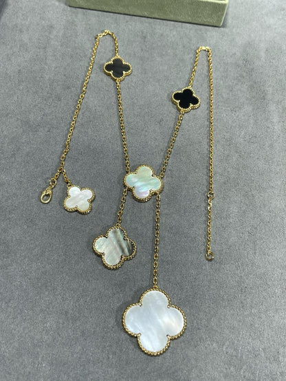 [Clara Jewels]CLOVER 6 MOTIF MOP ONYX GOLD NECKLACE