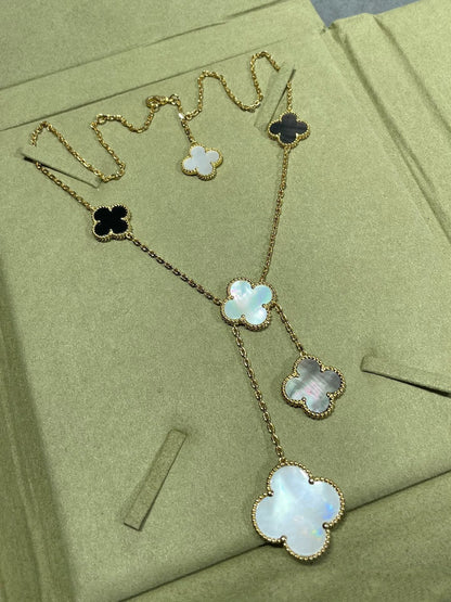 [Clara Jewels]CLOVER 6 MOTIF MOP ONYX GOLD NECKLACE