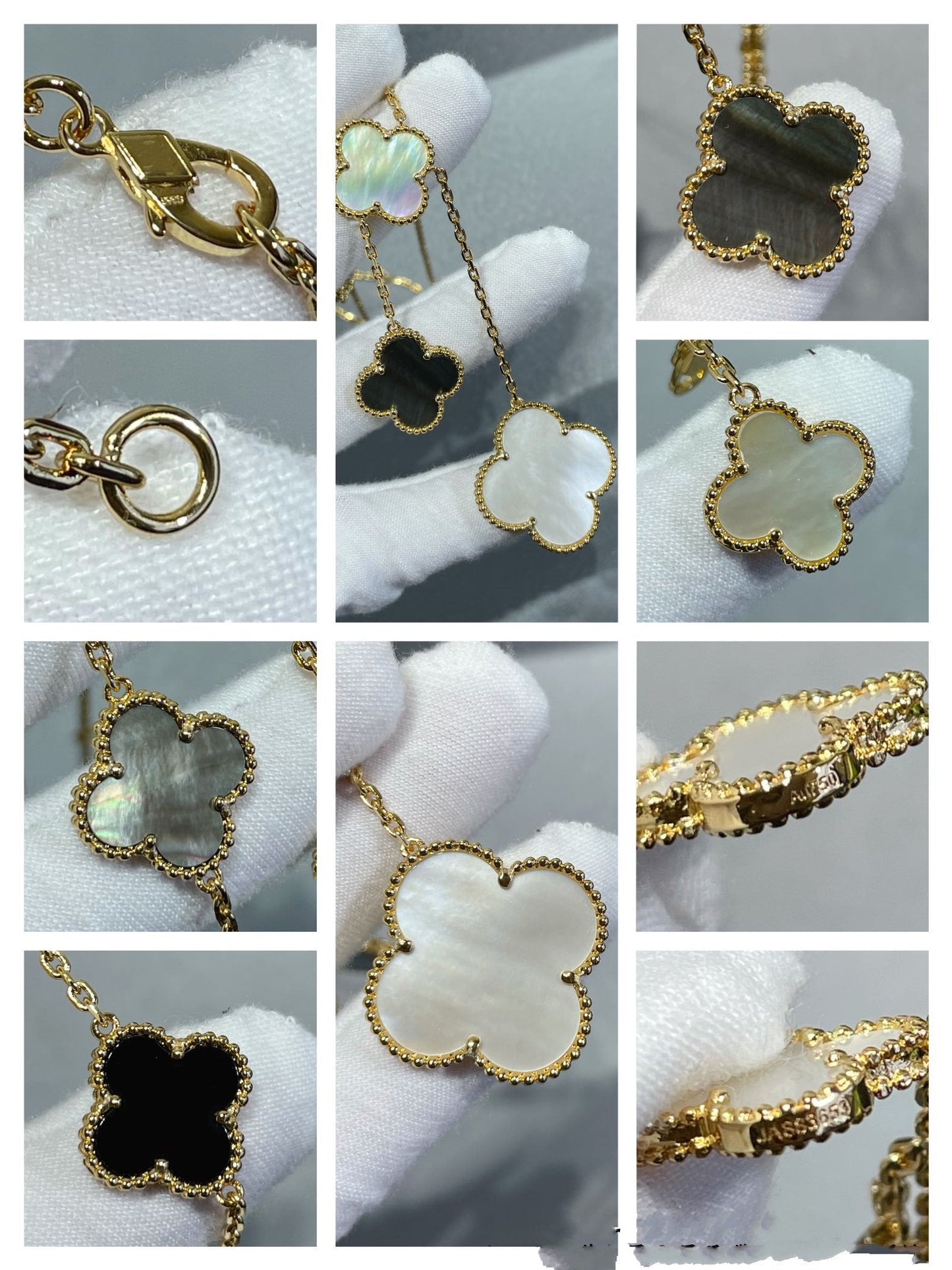 [Clara Jewels]CLOVER 6 MOTIF MOP ONYX GOLD NECKLACE