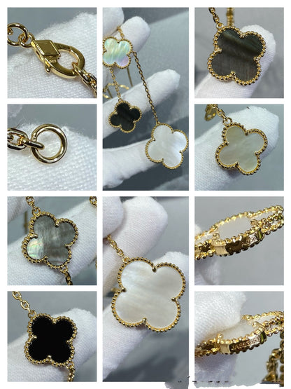 [Clara Jewels]CLOVER 6 MOTIF MOP ONYX GOLD NECKLACE