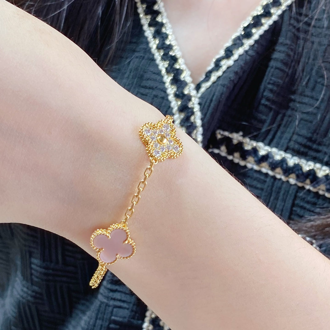 [Clara Jewels]CLOVER 5 MOTIF DIAMOND PINK MOP PINK GOLD BRACELET