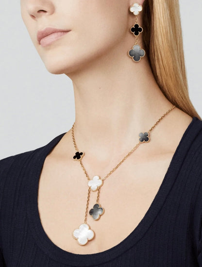 [Clara Jewels]CLOVER 3 MOTIF MOP ONYX DARK MOP PINK GOLD EARRINGS