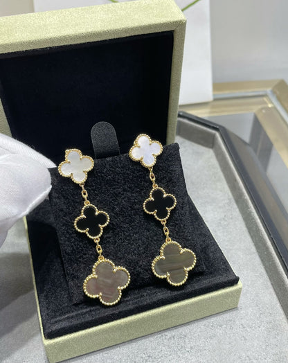 [Clara Jewels]CLOVER 3 MOTIF MOP ONYX DARK MOP PINK GOLD EARRINGS