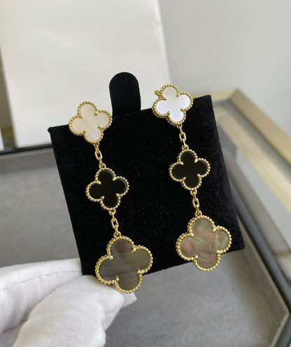 [Clara Jewels]CLOVER 3 MOTIF MOP ONYX DARK MOP PINK GOLD EARRINGS