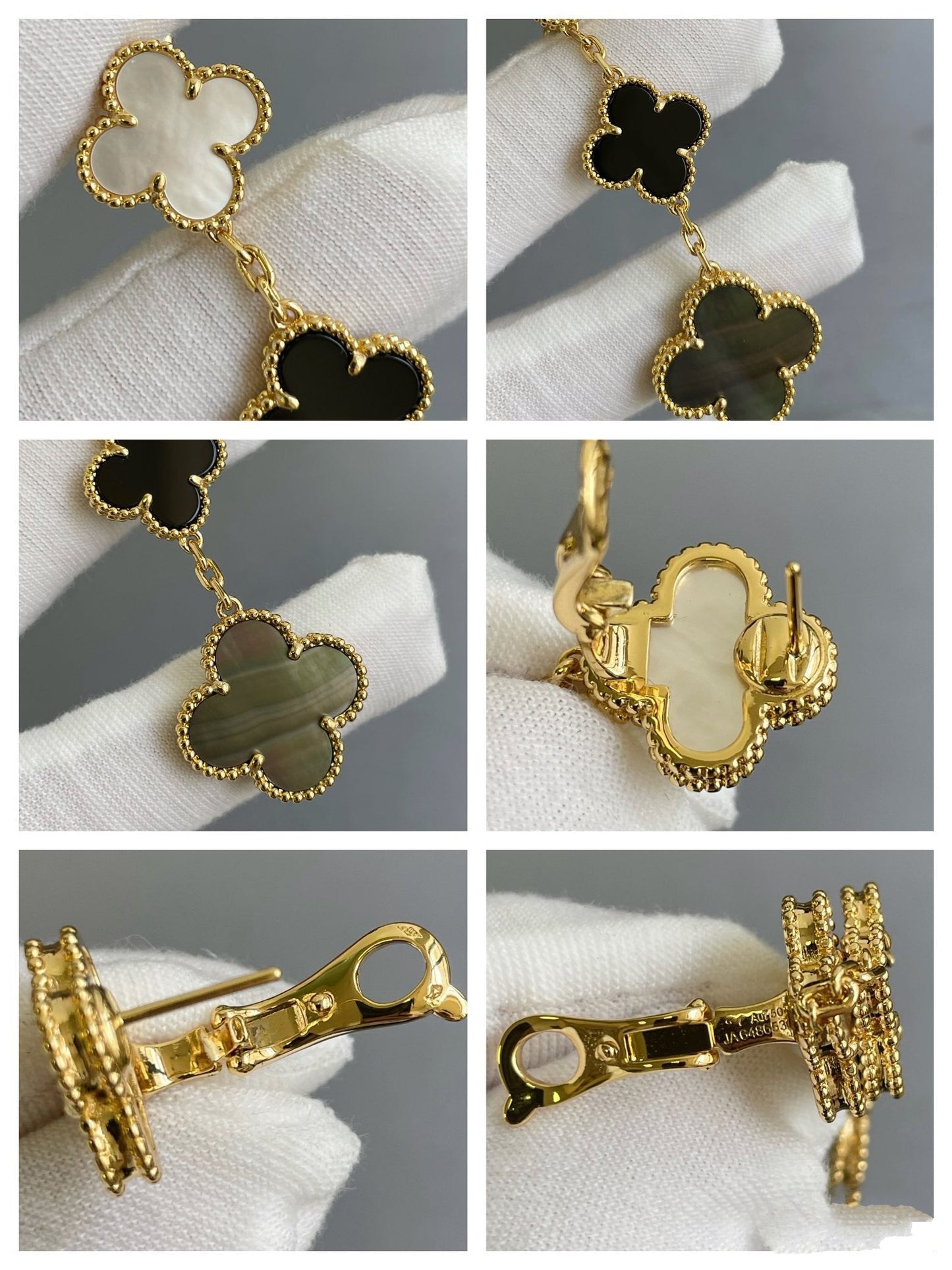 [Clara Jewels]CLOVER 3 MOTIF MOP ONYX DARK MOP PINK GOLD EARRINGS