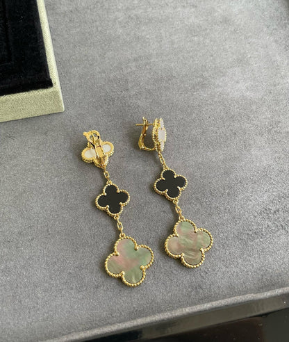 [Clara Jewels]CLOVER 3 MOTIF MOP ONYX DARK MOP PINK GOLD EARRINGS
