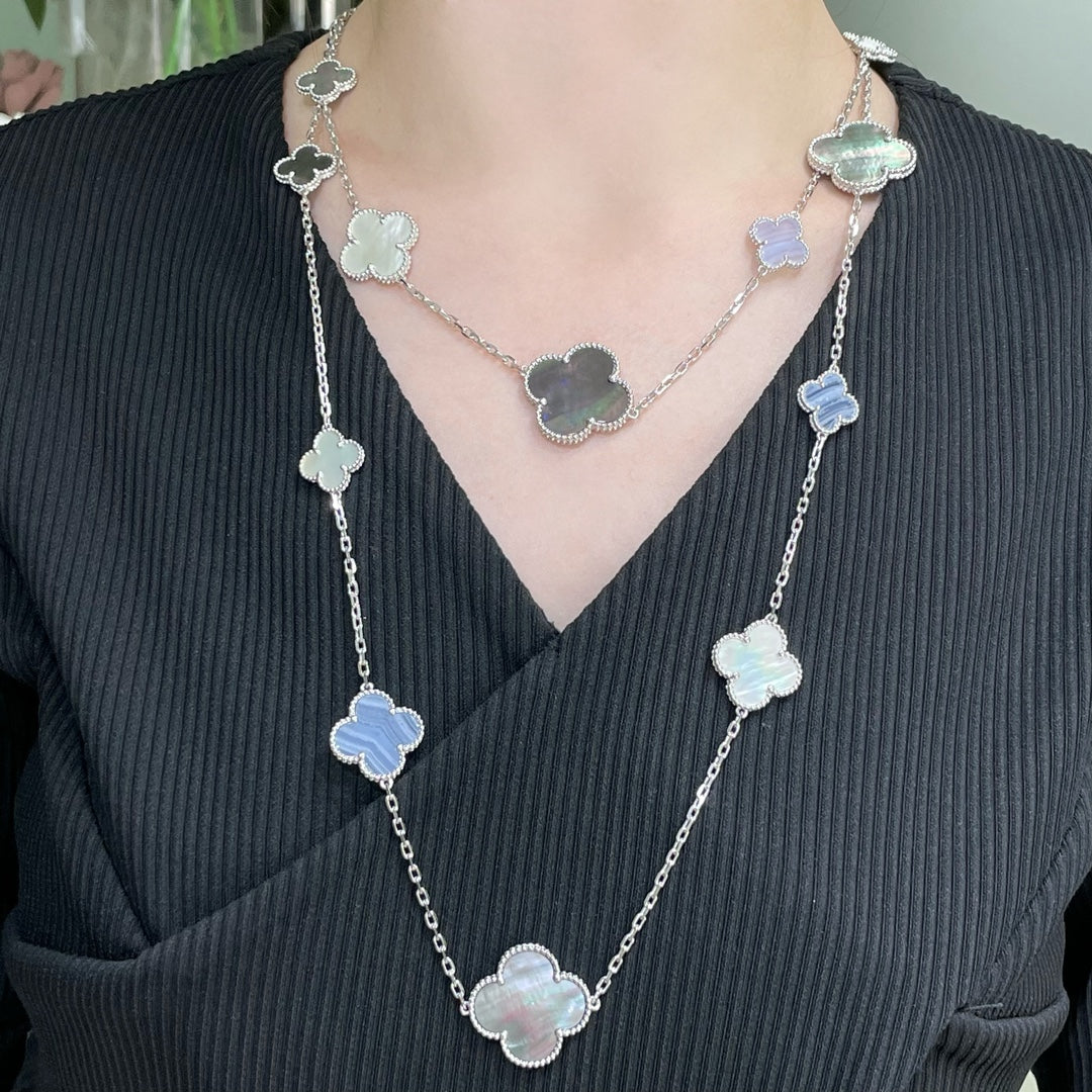 [Clara Jewels]CLOVER 16 MOTIF CHALCEDONY MOP SILVER NECKLACE