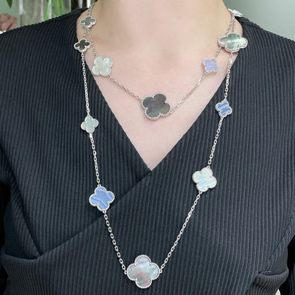 [Clara Jewels]CLOVER 16 MOTIF CHALCEDONY MOP SILVER NECKLACE