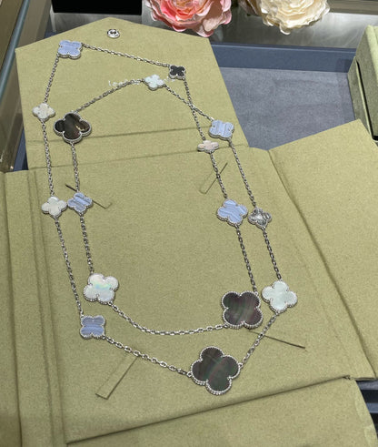[Clara Jewels]CLOVER 16 MOTIF CHALCEDONY MOP SILVER NECKLACE