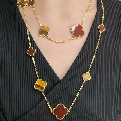 [Clara Jewels]CLOVER 16 MOTIF CARNELIAN TIGER EYE ROSE GOLD NECKLACE