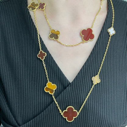 [Clara Jewels]CLOVER 16 MOTIF CARNELIAN TIGER EYE ROSE GOLD NECKLACE