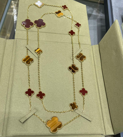 [Clara Jewels]CLOVER 16 MOTIF CARNELIAN TIGER EYE ROSE GOLD NECKLACE