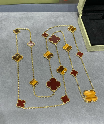 [Clara Jewels]CLOVER 16 MOTIF CARNELIAN TIGER EYE ROSE GOLD NECKLACE
