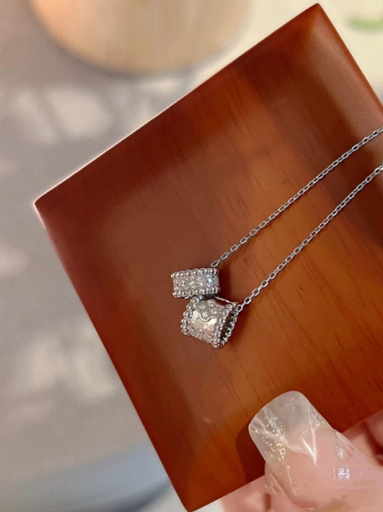[Clara Jewels]PERLEE DOUBLE PENDANT SILVER DIAMOND NECKLACE