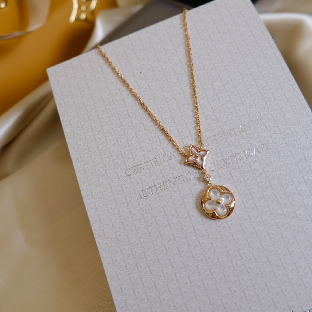 [Clara Jewels]STAR AND SUN WHITE MOP 2 MOTIF PINK GOLD NECKLACE