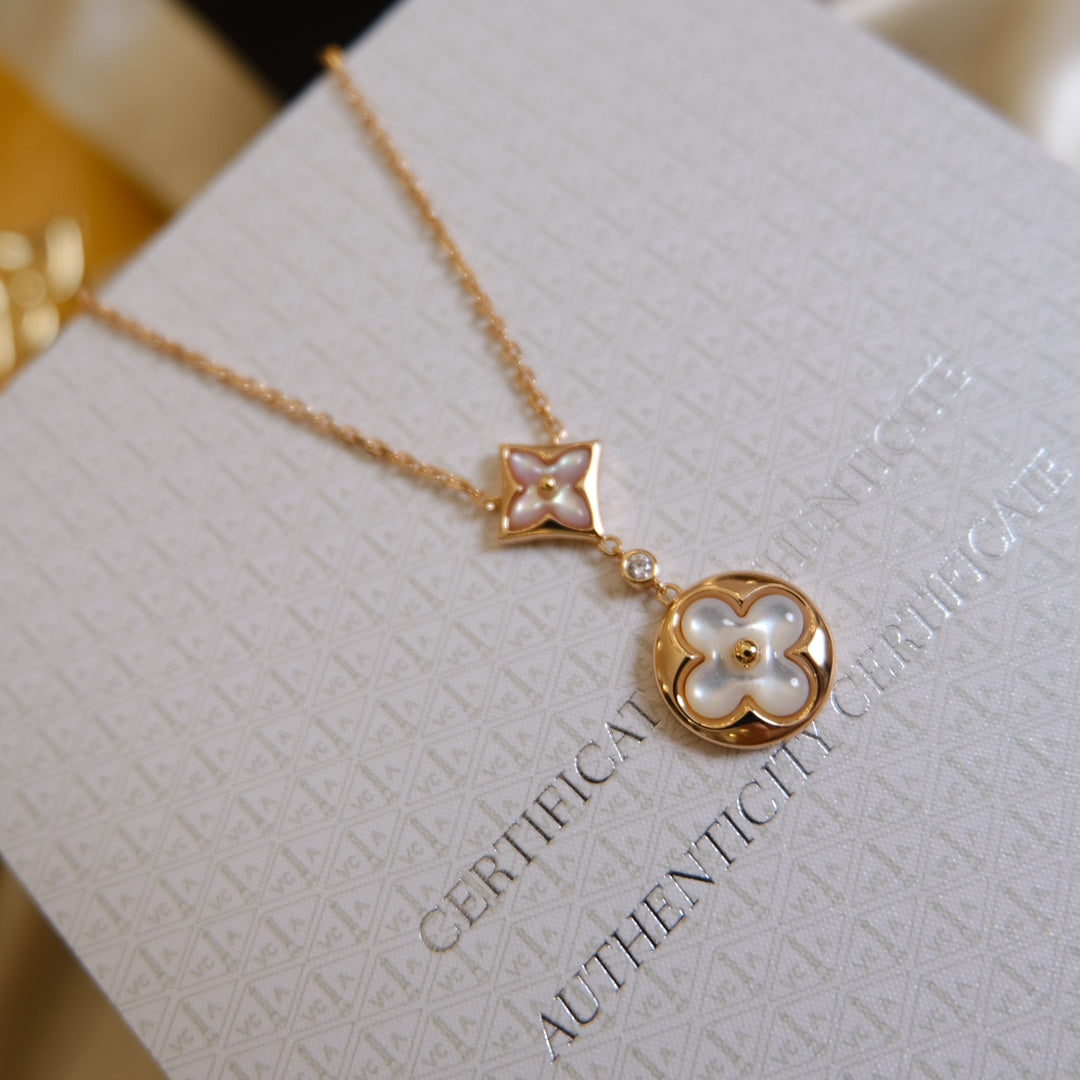 [Clara Jewels]STAR AND SUN WHITE MOP 2 MOTIF PINK GOLD NECKLACE