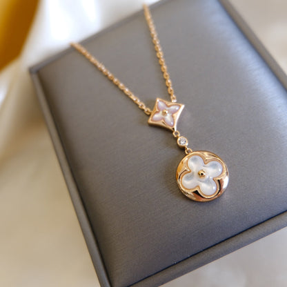 [Clara Jewels]STAR AND SUN WHITE MOP 2 MOTIF PINK GOLD NECKLACE