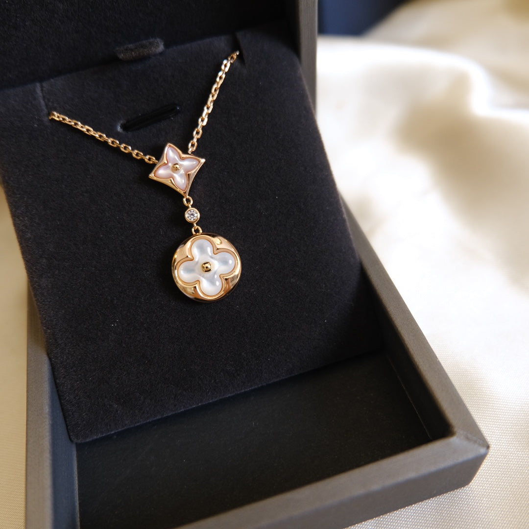 [Clara Jewels]STAR AND SUN WHITE MOP 2 MOTIF PINK GOLD NECKLACE