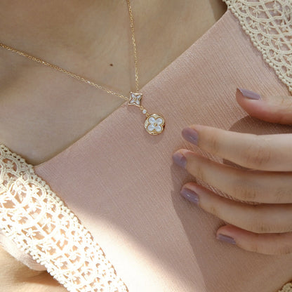 [Clara Jewels]STAR AND SUN WHITE MOP 2 MOTIF PINK GOLD NECKLACE