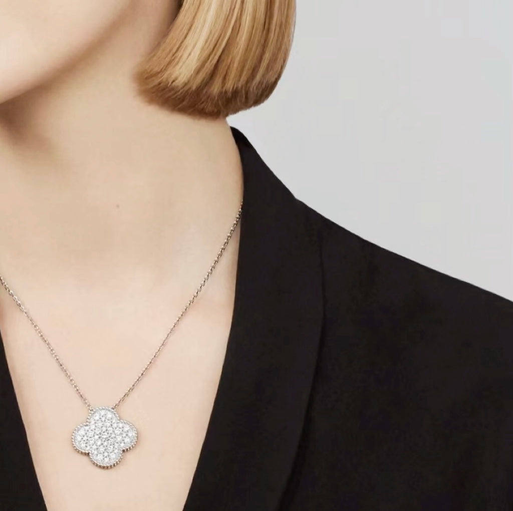 [Clara Jewels]CLOVER 25MM LARGE PENDANT DIAMOND PAVED SILVER NECKLACE