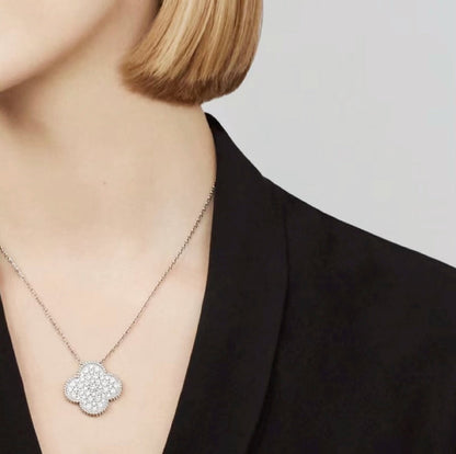 [Clara Jewels]CLOVER 25MM LARGE PENDANT DIAMOND PAVED SILVER NECKLACE