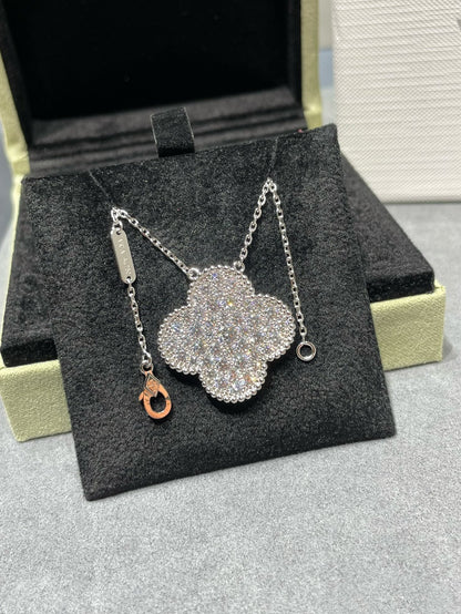 [Clara Jewels]CLOVER 25MM LARGE PENDANT DIAMOND PAVED SILVER NECKLACE