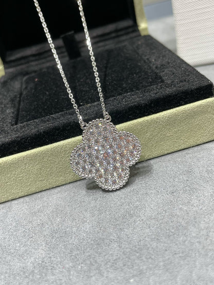 [Clara Jewels]CLOVER 25MM LARGE PENDANT DIAMOND PAVED SILVER NECKLACE