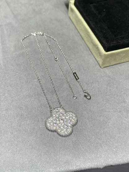[Clara Jewels]CLOVER 25MM LARGE PENDANT DIAMOND PAVED SILVER NECKLACE